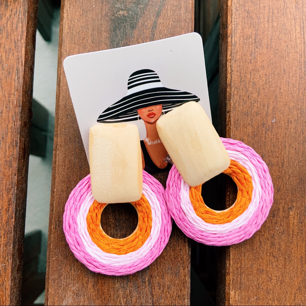 Bohemia Wood Straw Round Earrings